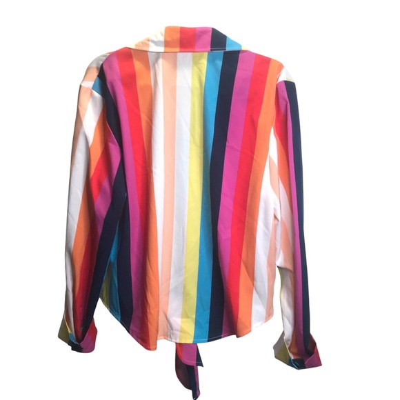 Women’s Multicolor Vertical Striped Button-Up Blouse Tie Front - Picture 2 of 12